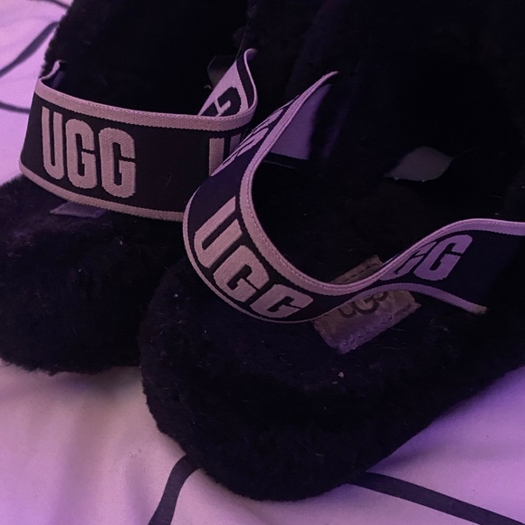 UGG Black Fluffy Slides with Logo Strap - Picture 5 of 6